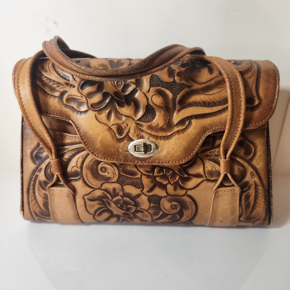 Vintage 50s 60s Hand Tooled Leather Floral Western Handbag Tan Satchel TurnLock